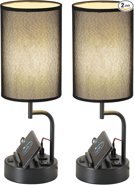 Dreamholder Table Lamp with 3 USB Charging Ports, Modern Desk Lamp with AC Outlet and Phone Stands, Perfect Bedside Lamp for Bedroom, Living Room, Office (Pack of 2), Black