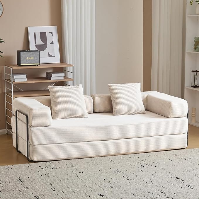 Convertible Sleeper Sofa Bed, Compression Folding Sofa with Pillow, No Assembly Required, Shape Frame, Floor Sofas Lounge Couch for Living Room, Bedroom, Small Spaces(Corduroy, 77''W, Off-white)