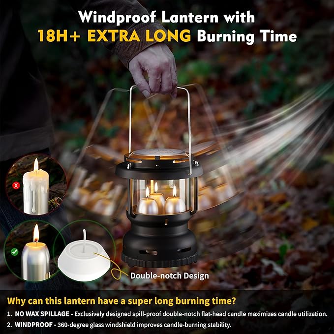 3-Wick Emergency Candle Lantern for Power Outages [18H+ Burning Time] Vintage Decorative Candle Lantern for Real Candles, Outdoor Portable Camping Survival Lighting [7.1"*5.7" - Matte Black]