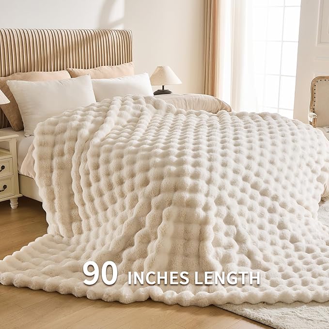 Cozy Faux Fur Throw Blanket for Bed-Warm Fuzzy Throw Blanket, Soft Plush Thick Bubble Blankets for Bedroom and Living Room, Furry Luxury Blanket, 90 x 90, Cream