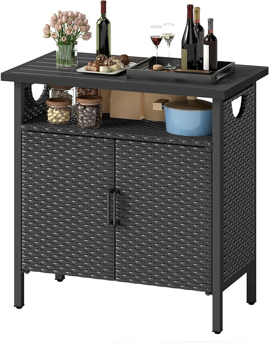 DWVO Patio Storage Cabinet, Outdoor Buffet Cabinet with Two Doors and Shelves, Outdoor Storage Bar Table with PE Rattan for Patio, Backyard, Garden - Black