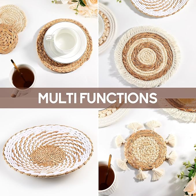 7 Pack Boho Wall Basket Decor - Seagrass Rattan Wicker Wall Decor Round Handmade Hanging Rustic Flat Elegant Wall Art for Farmhouse Living Rooms Bedrooms Display Table Settings Kitchen Home