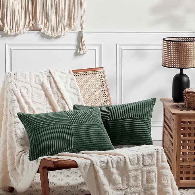 Fancy Homi Set of 2 Dark Green Long Lumbar Decorative Throw Pillow Covers 12x24 Inch for Living Room Couch Bed, Boho Farmhouse Forest Green Home Decor, Soft Corduroy Corss Textured Cushion Cas