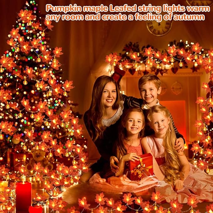 2 Pack Fall Garland with Pumpkin Lights Halloween Decorations Indoor 60 LED 20 Ft Enlarged Maples Leaves Fall Lights Battery Operated Halloween Garland Thanksgiving Decor Home Indoor Outdoor Christmas