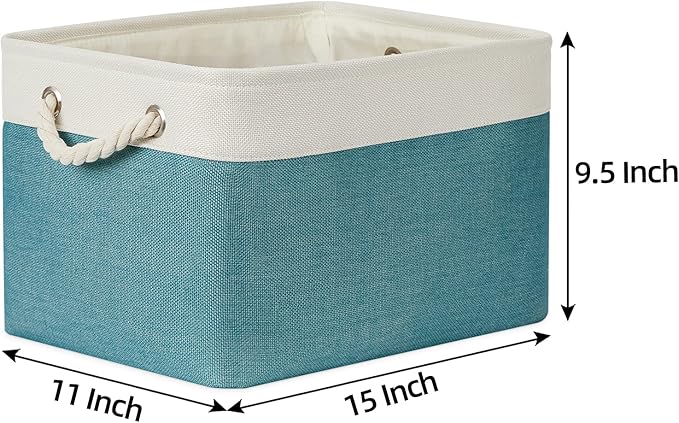 Bidtakay Basket Storage Bins with Handles Fabric Large Storage Baskets for Organizing Set of 3 Collapsible Rectangular Basket for Shelves Closet Organizer 15 X 11 X 9.5 Inches(White&Teal Blue)