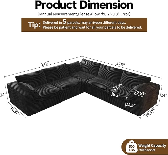 118" V Shaped Corner Modern Sofa Modular Sectional Cloud Couch,Deep Seat Upholstered Couches with Plush Corduroy Fabric for Living Room Furniture,Bedroom and Apartment,No Assembly Required,Black