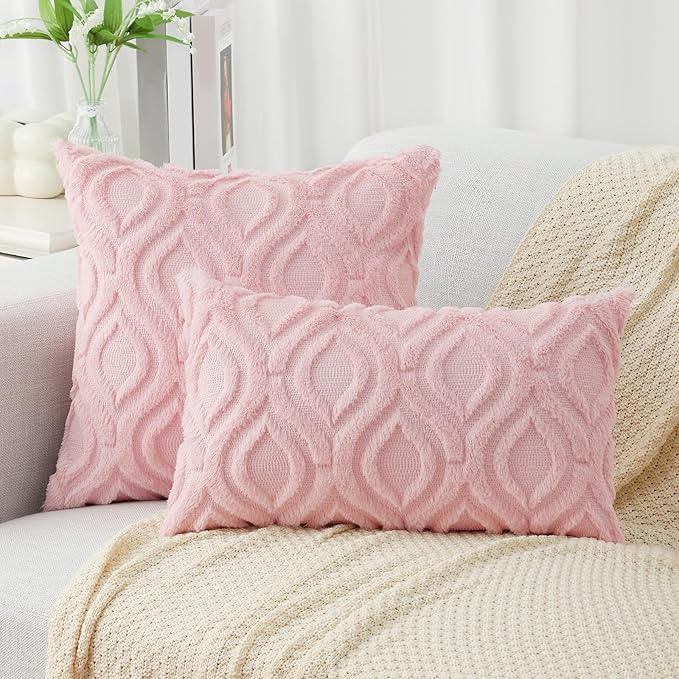 decorUhome Throw Pillow Covers 18x18 Inch Set of 2, Soft Plush Decorative Faux Fur Light Pink Solid Couch Pillow Covers, Accent Farmhouse Neutral Square Euro Pillow Cases for Sofa Bed Living Room