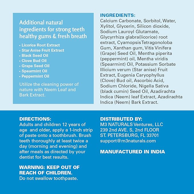 Fluoride-Free Neem Toothpaste with Mint for Adults & Kids with Sensitivity | Vegan, Gluten & SLS Free Herbal Formula for Sensitive Teeth, Healthy Gums and Fresh Breath, 4.23 oz (120g) Pack of 3 by M3