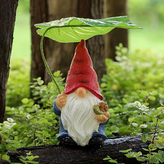 Garden Gnome Statue Decoration with Leaf Umbrella, 7.5” Figurine Ornament for Indoor Outdoor Home Patio Yard Lawn, for Gnome Lovers & Garden Enthusiasts，Mom，Women