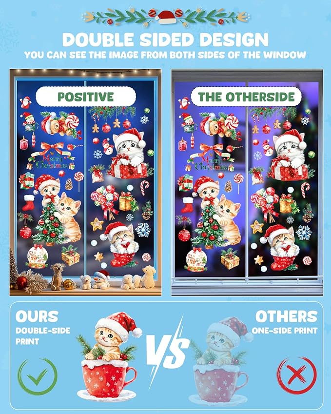 Christmas Window Clings Decorations - Cute Funny Double-Sided Static Stickers for Glass Windows and Doors, Perfect Decorations, with Cat Kitten Pattern, Reusable 9 Sheets