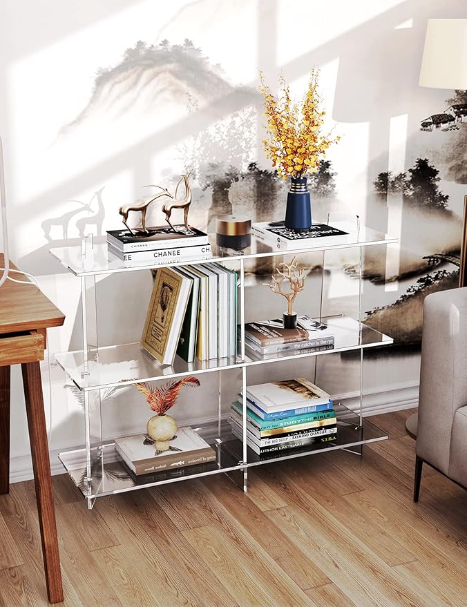Acrylic Bookshelf, Small 3 Tier Open Bookcase for Small Spaces,Sofa Table, Hallway Entry Table for Home Living Room (Clear, 39.4'' x 11.8'' x 31.5'')