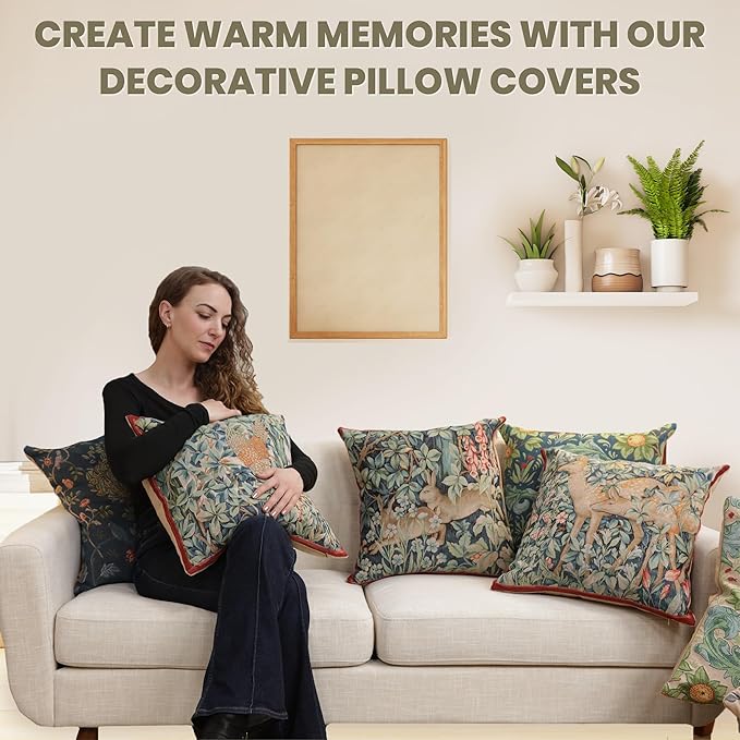 Charlotte Home Furnishings Decorative Tapestry Pillow Cover 19x19 in, Green Hares Couch Throw Pillow Cover, French Country Square Cushion Cases for Living Room Home Decor, Soft Cotton Jacquard Woven