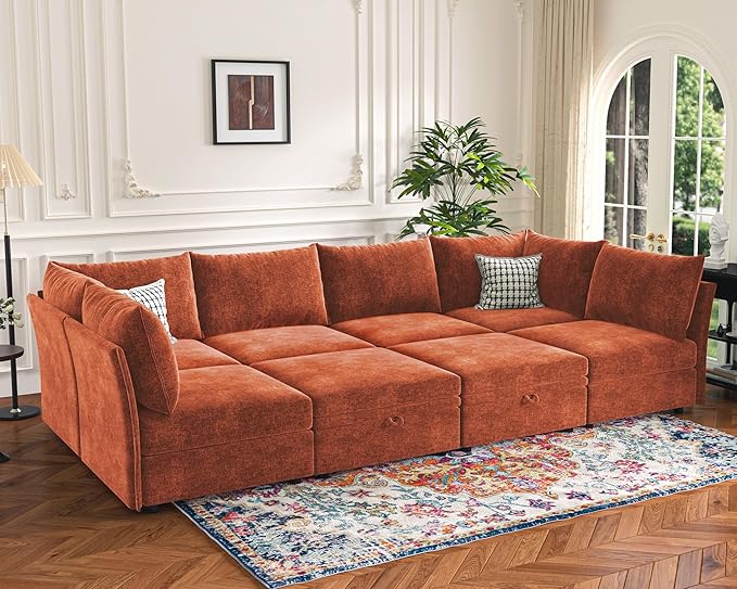 135.5" Oversized Modular Sectional Sofa, L Shaped Convertible Couch with Movable Ottoman, Large 6 Seat Corner Couches for Living Room Deep Seat Terracotta Orange Chenille