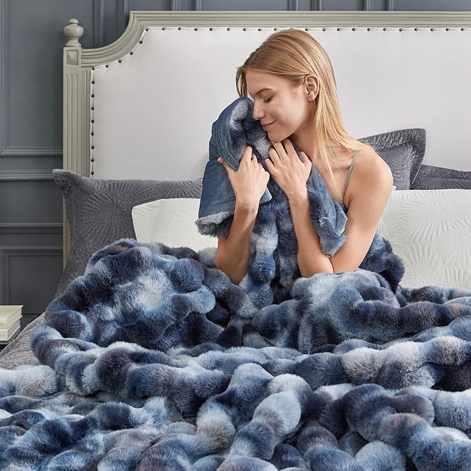 Cozy Bliss Faux Fur Throw Blanket for Couch, Fuzzy Soft Plush Thick Bubble Blanket for Sofa Bedroom Living Room, 60 * 80 Inches Tie-dye Blue