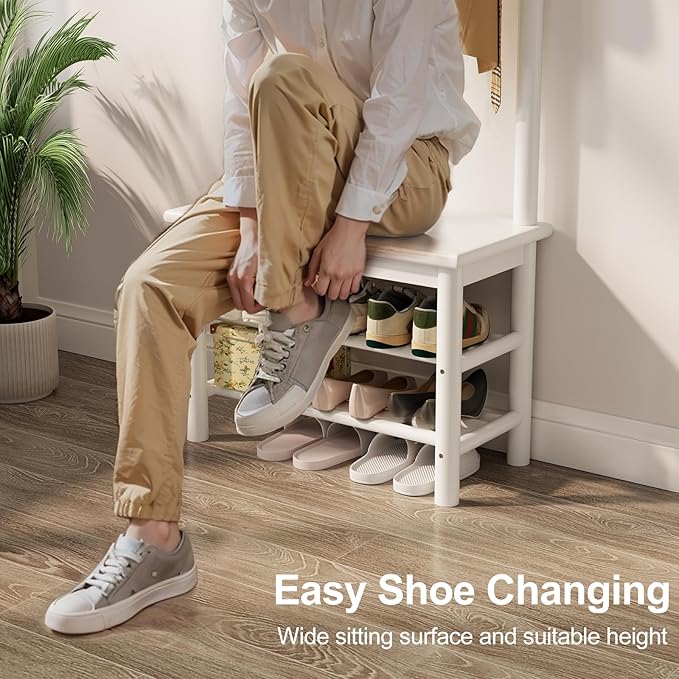 Coat Rack with Shoe Storage, Narrow Wooden Hall Tree with Bench, 11 Hooks and 2-Tier Storage Shelves, 3-in-1, Entryway Bench with Coat Rack (23.6"-Deep White)