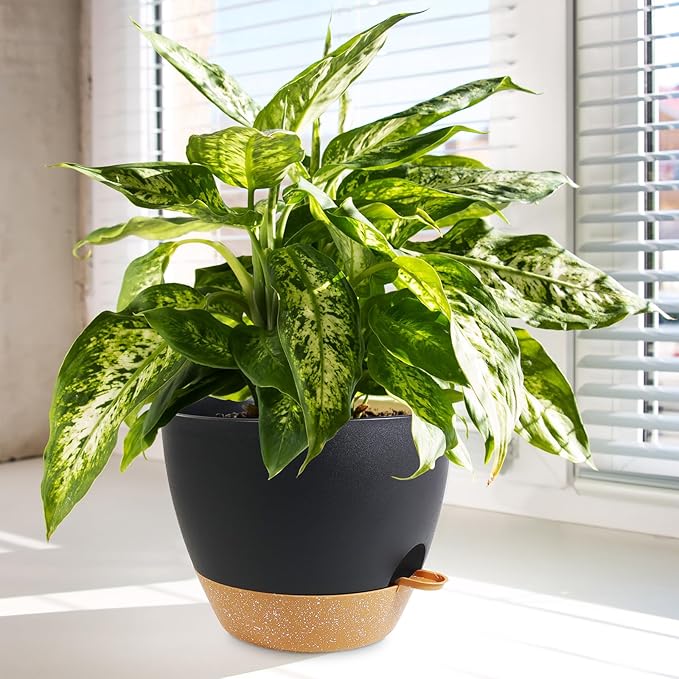 10/9/8 inch Medium Self Watering Pots, Planter, Plant Pots with Mesh Drainage Holes for Indoor Outdoor Garden Plants, Plastic Flower Pots with Removable Deep Reservoir, Black with Brown