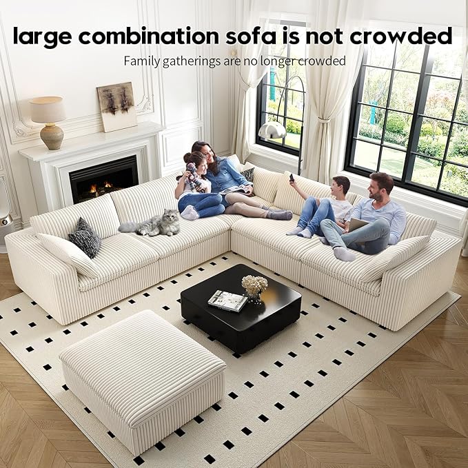 118" Cloud Couch Oversized Modular Sectional Sofa for Living Room,Modern Sofa with Deep Seat，6 Seater Boneless Couch,Comfy Upholstered Corduroy Couches for Apartment, Studio, Office,Bedroom，White