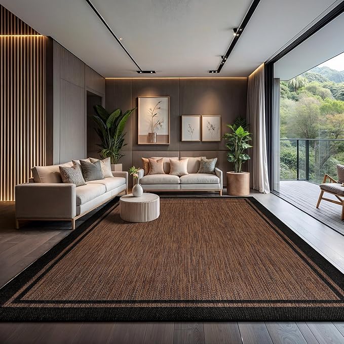 CAMILSON Indoor Outdoor Rug, 9x12 Bordered Nut Brown Black Modern Area Rugs for Indoor and Outdoor Patios, Kitchen and Hallway Mats, Washable Porch Deck Outside Carpet (Border Nut Brown Black, 9 x 12)