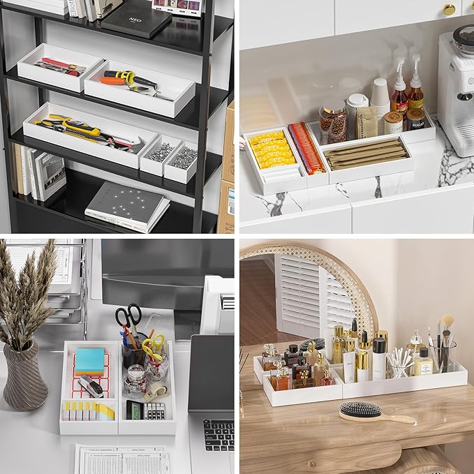 Bamboo Drawer Organizer, Cutlery Silverware Organizer for Kitchen Drawer, Stackable Utensil Organizer, 2 Pcs Flatware Organizer for Drawer, Wooden Storage Box Tray (White, 12 X 6 X 2 Inch)