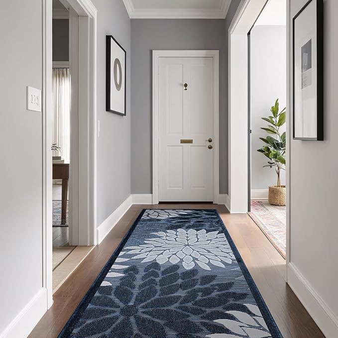 Beverly Rug Outdoor Runner Rug 2x7 Modern Floral Tropical Area Rugs for Indoor and Outdoor Patio Easy to Clean Non Shedding Living Room Porch Garden Washable Outside Carpet (2 x 7 Navy Blue)