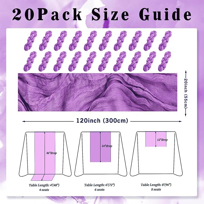 20 Pack Purple Cheesecloth Table Runner 10FT Boho Fabric Rustic Cheese Cloth Table Runner for Wedding Bridal Shower Baby Shower Gauze Sheer Birthday Party Table Decorations 20 x 120 Inch Long