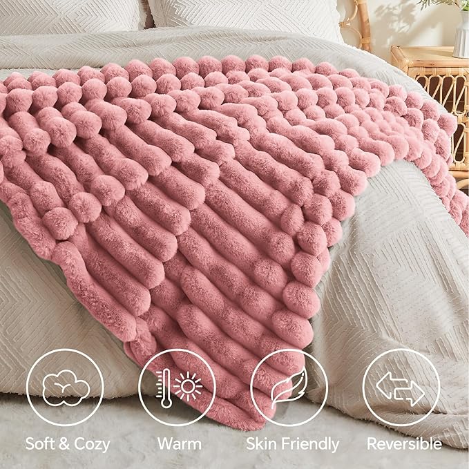 BEDELITE Faux Fur Throw Blanket for Couch, Soft and Cozy Luxurious 3D Striped Pink Fluffy Blanket, 770GSM Thick Warm Plush Fuzzy Faux Rabbit Fur Blanket for Women Gift, 50"x 60"