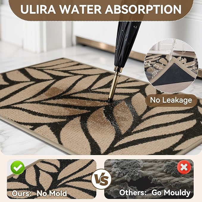 Front Door Mat Indoor Outdoor Entrance, 17''x30'' All-Season Waterproof Welcome Mat, Heavy Duty Non-Slip Rubber Backing, Patio Porch Doormat, Low Profile, Trap Dirt and Moisture, Brown