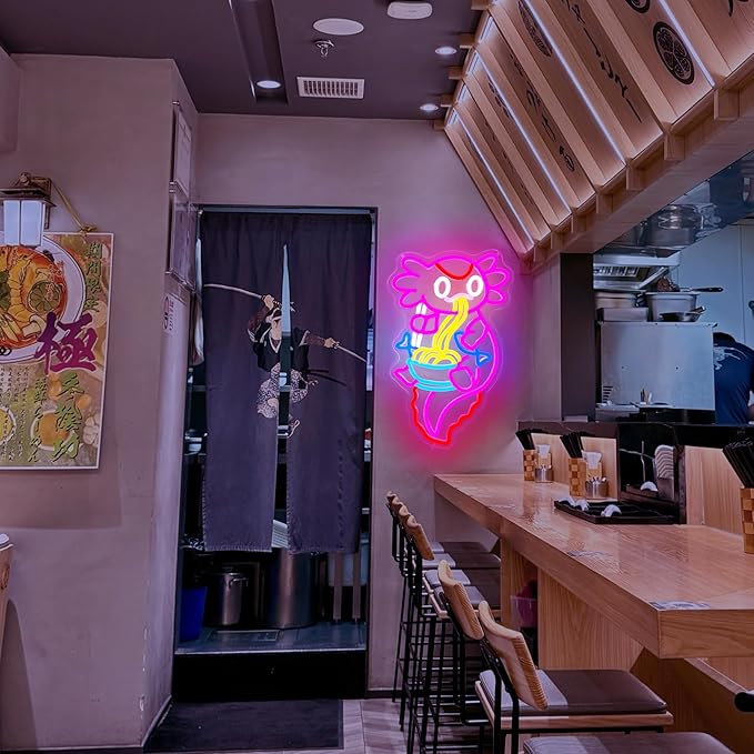 Axolotl Ramen Neon Sign for Wall Decor Dimmable Axolotl Eating Noodles LED Neon Light Cut Japanese Neon Sign Anime Neon Signs for Japan Restaurant, Home Wall Art and Kitchen Decor(15.7 * 9.7inch)
