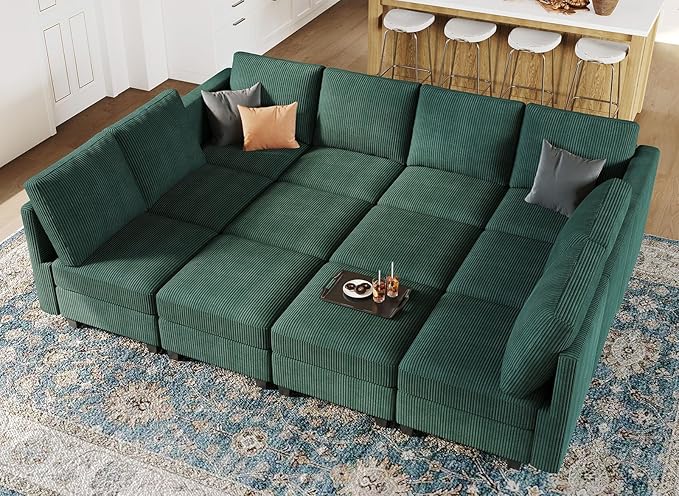 Belffin Oversized 12 Seat Modular Sectional Sleeper Sofa Convertible Sleeper Sectional Sofa with Storage Seat Large Corduroy Modular Couch for Living Room Green