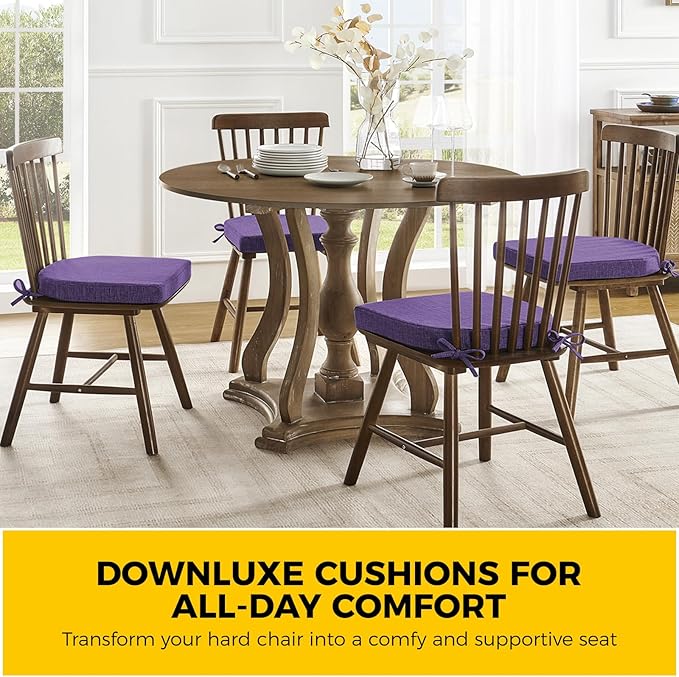 downluxe Indoor Chair Cushions for Dining Chairs, Soft and Comfortable Textured Foam Kitchen Chair Pads with Ties and Non-Slip Backing, 16" x 16" x 2", Purple, 4 Pack