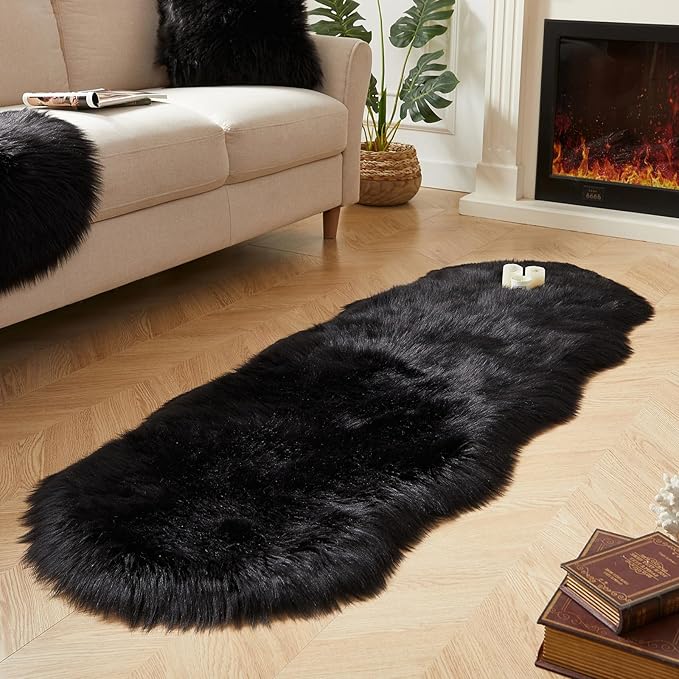 AMTOVO Faux Sheepskin Rug, Black Ultra Soft Fluffy Shag Area Rug, 2 x 6 ft Faux Fur Rug for Bedroom Sofa Throw Cushion Room Decor, Sheepskin