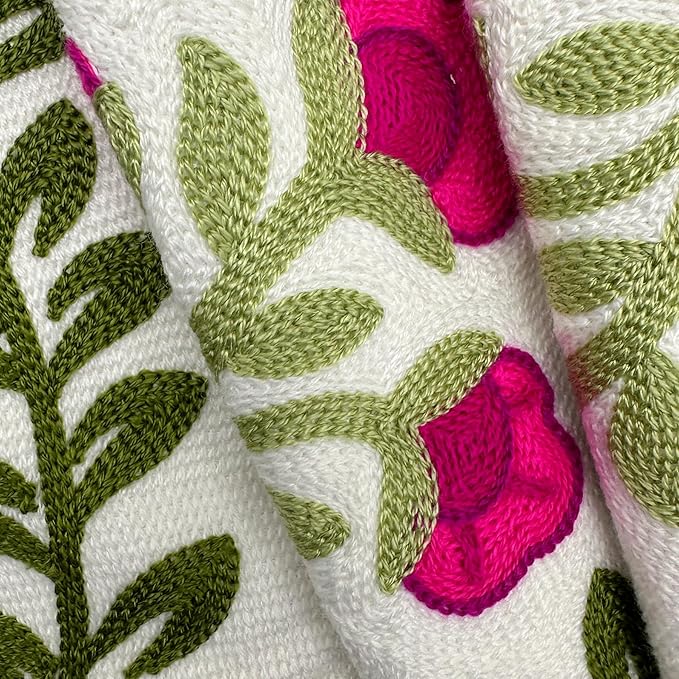 Alysheer Floral Embroidered Summer Decorative Throw Pillow Covers 20"x 20" Set of 2, Farmhouse Cottage Hot Pink Flowers Green Leaves Knit Pattern Cotton Canvas Cushion Case for Couch Bed Living Room
