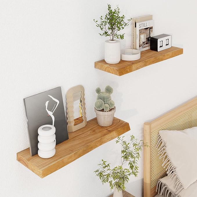 Axeman 24 inch Floating Shelves for Wall - 8'' D Live Edge Rustic Solid Elm Wood Floating Shelves Wall Mounted, Wall Shelves with Invisible Bracket for Living Room Bedroom Kitchen, Set of 2 Natural