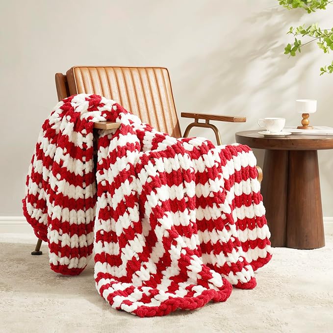 Amélie Home Chunky Knit Blanket Throw, Thick Soft Yarn Chunky Throw 50x60, Handmade Chenille Cable Knitted Crochet Throw Blanket, Warm Rope Knot Blanket for Couch Bed Sofa, Red White Stripe