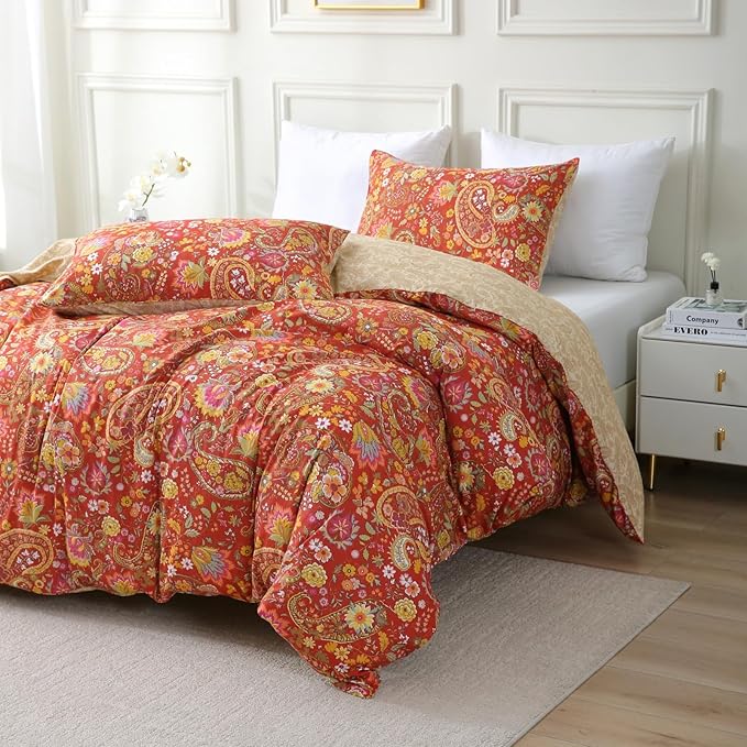 ABREEZE Paisley Bedding Sets 3Pcs Brushed Cotton Duvet Cover Set Queen Size Rustic Damask Red Floral Comforter Cover with Zipper Closure Boho Bedding Collections