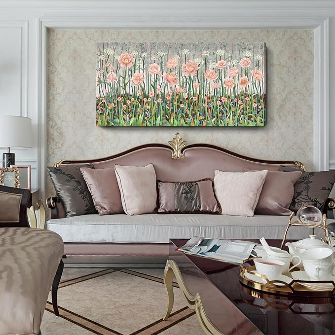 amatop Large Floral Wall Art Modern Abstract Flower Field Canvas Picture Botanical Artwork Rustic Wall Decor for Living Room Bedroom Pink Green Blooming Wildflower Forest Nature Art Print 48x24in