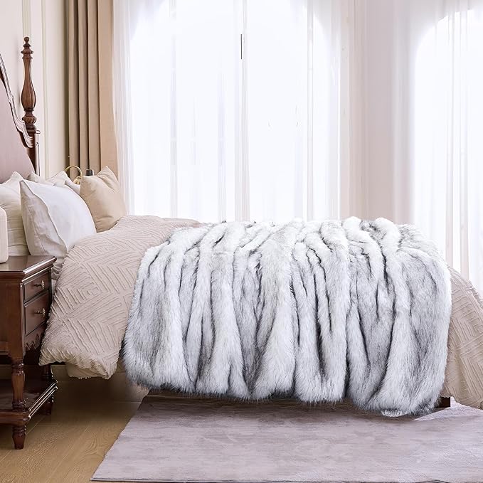 Fluffy Faux Fur Throw Blanket – Super Soft Warm Thick Plush Blanket for Bed, Couch & Office, Cozy Fuzzy Throw with Flannel Backing,90"x90", White