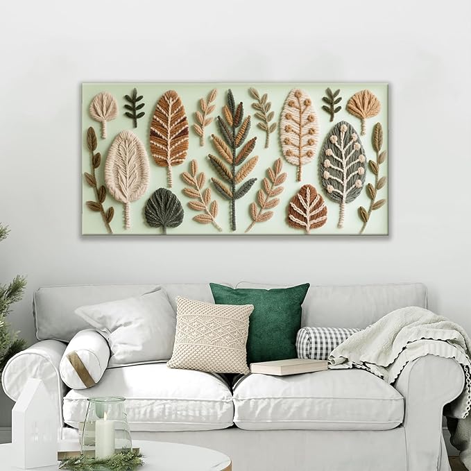 Boho Wall Art Chic Home Wall Art Modern Multicolor Painting Prints Leaves Feather Green Canvas Wall Art Decor For Living Room Bedroom Apartment Kitchen 24"W X 48"L Ready To Hanging