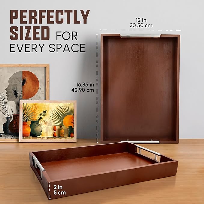 Acacia Wood Serving Tray with Handles - 17" x 13" Rectangular, Decorative Ottoman Tray for Living Room, Coffee Table, Breakfast in Bed, Candle Display