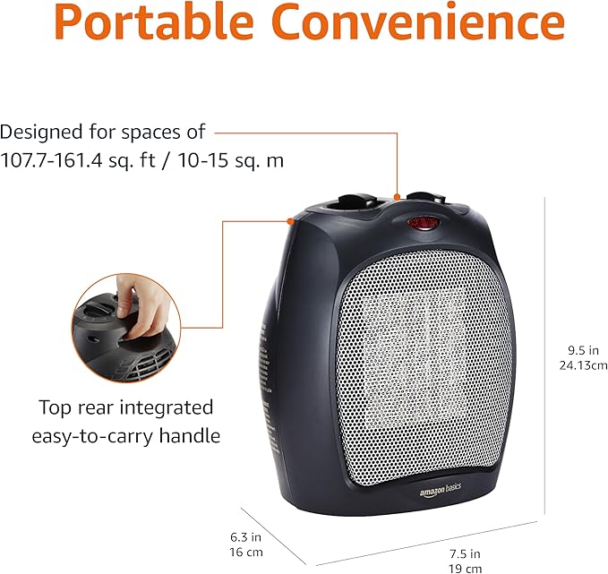Amazon Basics Ceramic Space Heater, Portable Indoor Heating Solution, With Overheat and Tip-Over Protection, Thermostat, Non-Oscillating, 1500W, 7.52"D x 6.34"W x 9.45"H, Black
