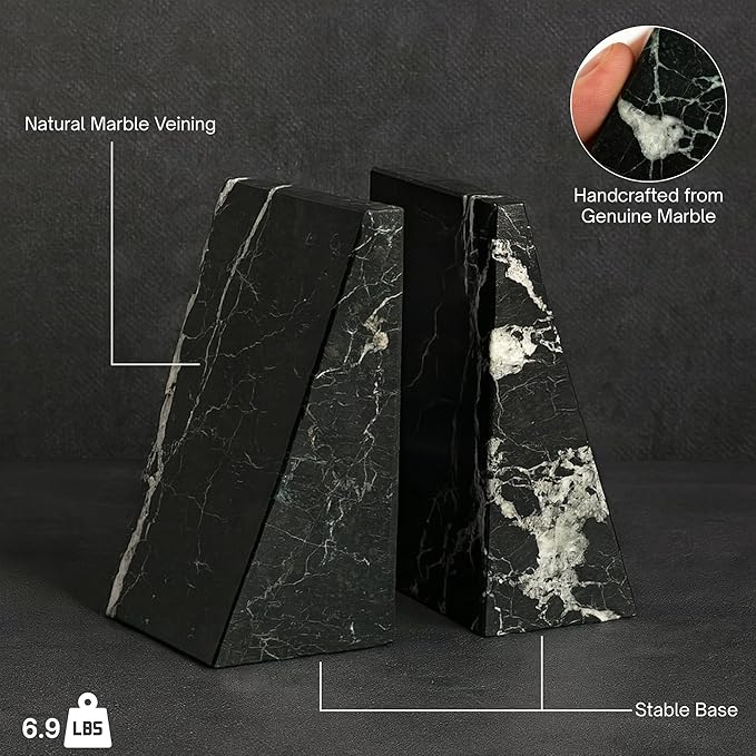 Bey-Berk Black Zebra Marble Bookends, Black ? 7.25" Tall, White Veins, Heavy-Duty Triangular Stone Book Stopper
