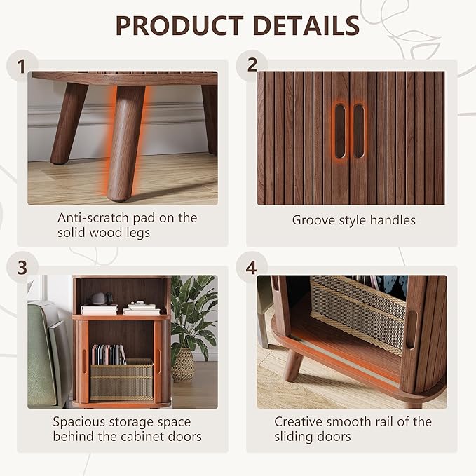 Alohappy Mid Century Modern End Table with Sliding Tambour Door, Fluted Wood Nightstand, Curved Round Edge Side Table with Storage Cabinet for Bedroom, Living Room, Walnut