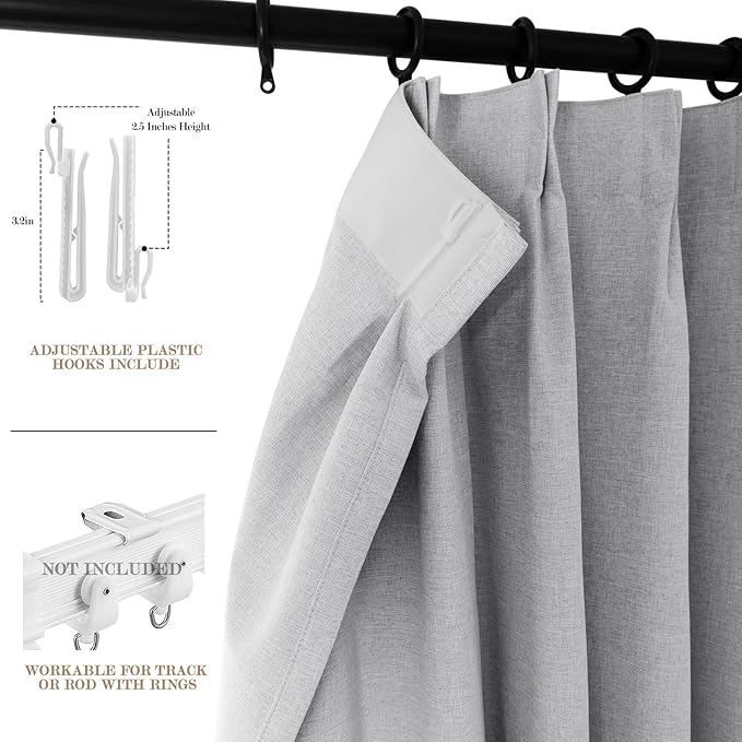 100" W x 84" L Faux Linen Room Divider Curtains, Full Blackout Pinch Pleated Drapes for Traverse Rod, Bedroom Divider Privacy Drapery with Hooks for Ceiling Track, 1 Panel, Silver Grey
