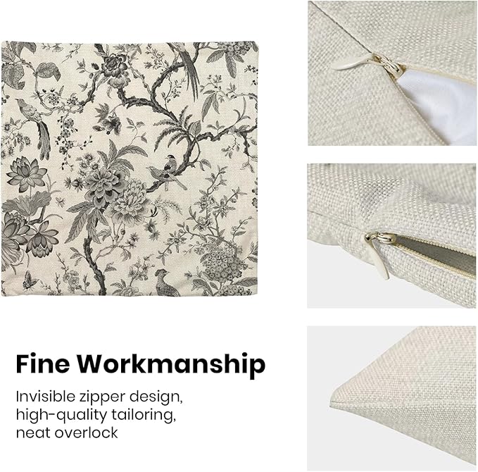 CXMEIFLY Spring Floral Birds Pillow Covers 18 x 18 Inch Set of 2 for Chinoiserie Flowers Decor Throw Pillows Black and White Plant Outdoor Decorative Cushion Cases for Couch Bed Decorations