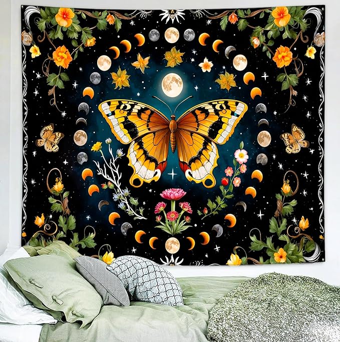Delur Butterfly Moon Flower Tapestry Botanical Floral Plant Boho Tapestry Wall Hanging Mandala Aesthetic Mushroom Retro Vintage Headboard for Bedroom Living Room Home Decor (70.8" x 92.5")