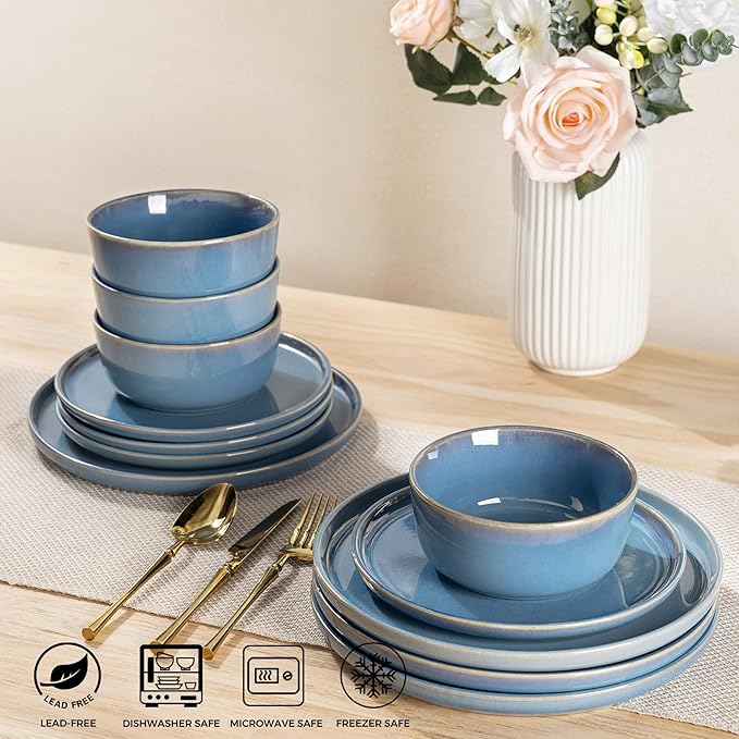 GBHOME Ceramic Dinnerware Sets for 4, 12 Pieces Stoneware Plates and Bowls Sets, Reactive Glaze Dishes -Scratch Resistant, Dishwasher&Microwave Safe-Alaskan Blue