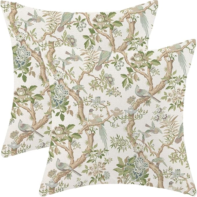 CXMEIFLY Chinoiserie Spring Pillow Covers 16 x 16 Inch Set of 2 for Sage Green Blue Vintage Flowers Bird Decor Throw Pillows Plant Farmhouse Outdoor Decorative Cushion Cases for Couch Bed Decorations