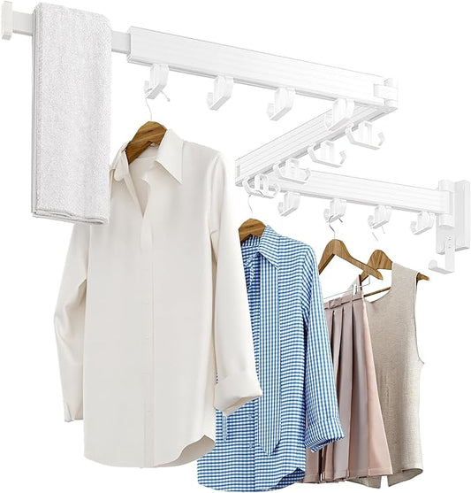 Clothes Drying Rack Wall Mounted, Retractable Drying Racks for Laundry, Foldable Drying Rack With 12 Hooks, Sturdy Tri-Fold Wall Mounted Space Saver for Laundry Room Balcony Bathroom - 49.8", White