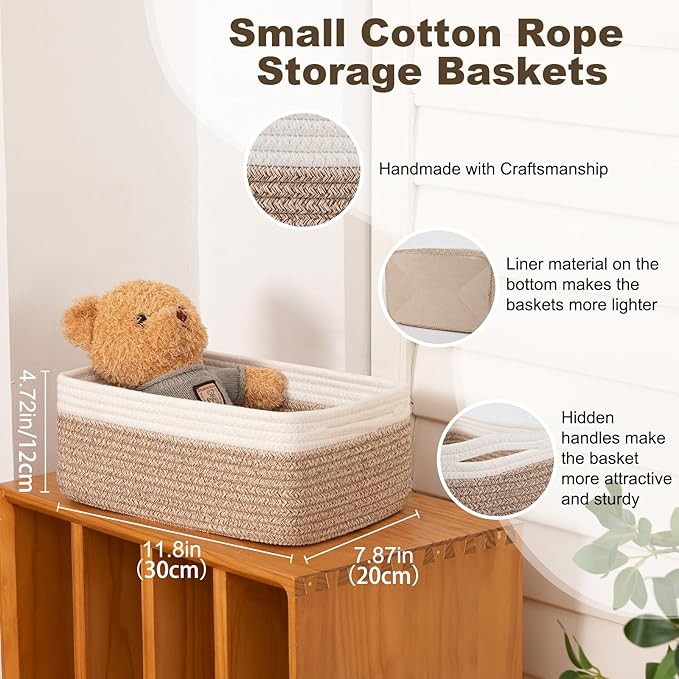 3 Pack Small Storage Baskets for Organizing, Cute Woven Decorative Gift Baskets for Shelves, Mini Closet Organizer Bins with Handles, 11.81''Lx7.87''Wx4.72''H-Brown and White
