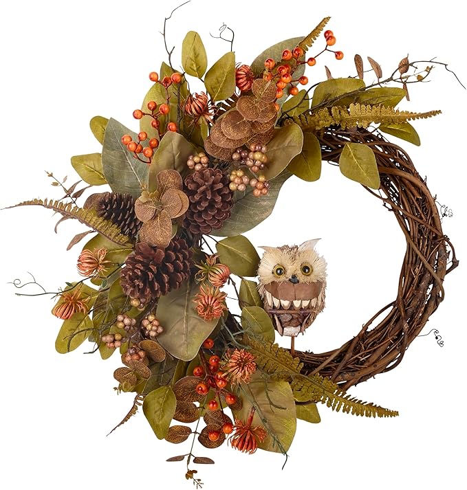 Fall Owl Wreath for Front Door 24 Inch, Autumn Natural Pine Cones Faux Eucalyptus Magnolia Leaf Berry Wreath, Fall Decor for Home Farmhouse Door Wall Window Porch Indoor/Outdoor